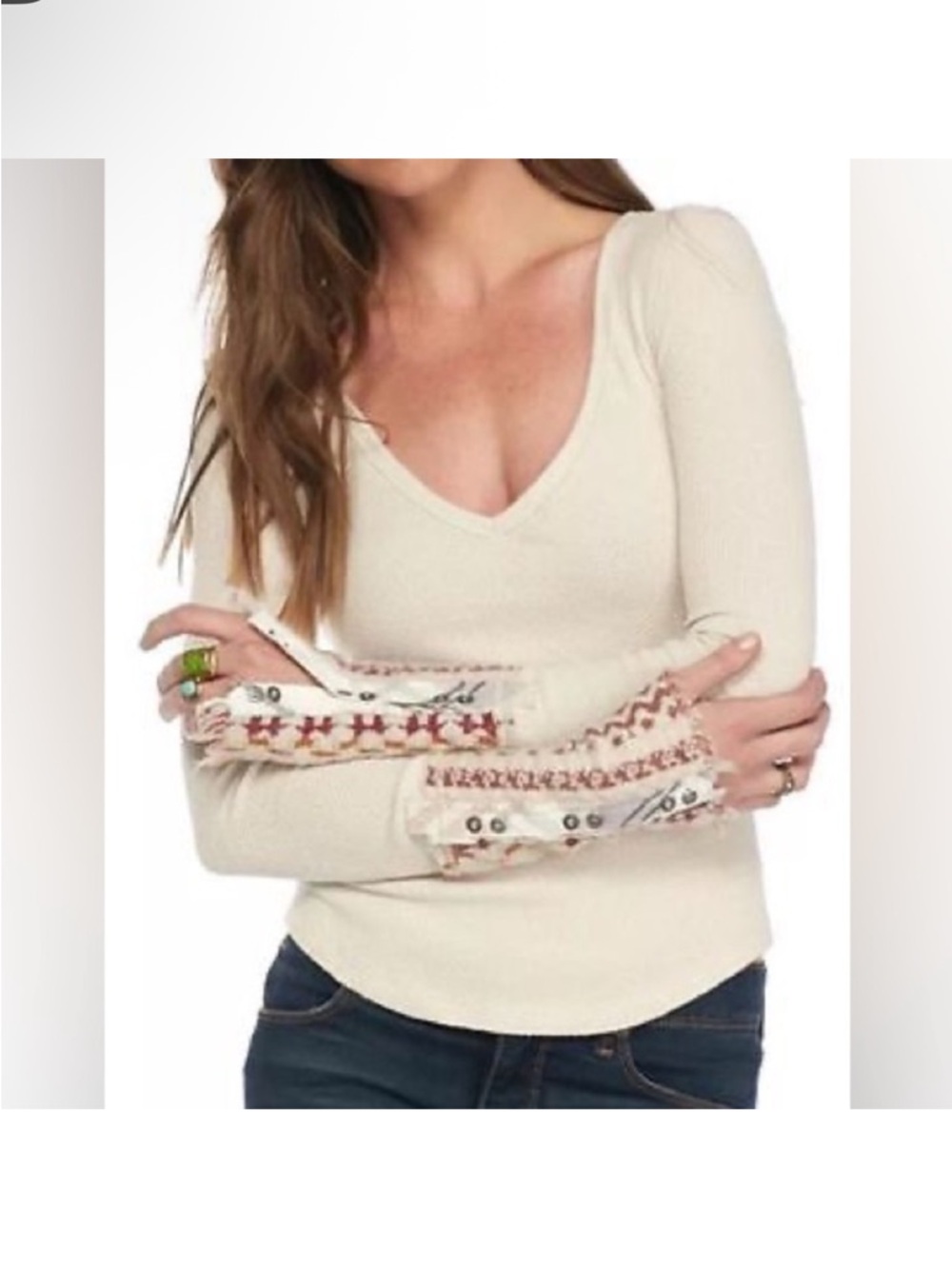 We The Free Cream V-Neck Long Sleeve Top with Embroidered Fringe Cuffs